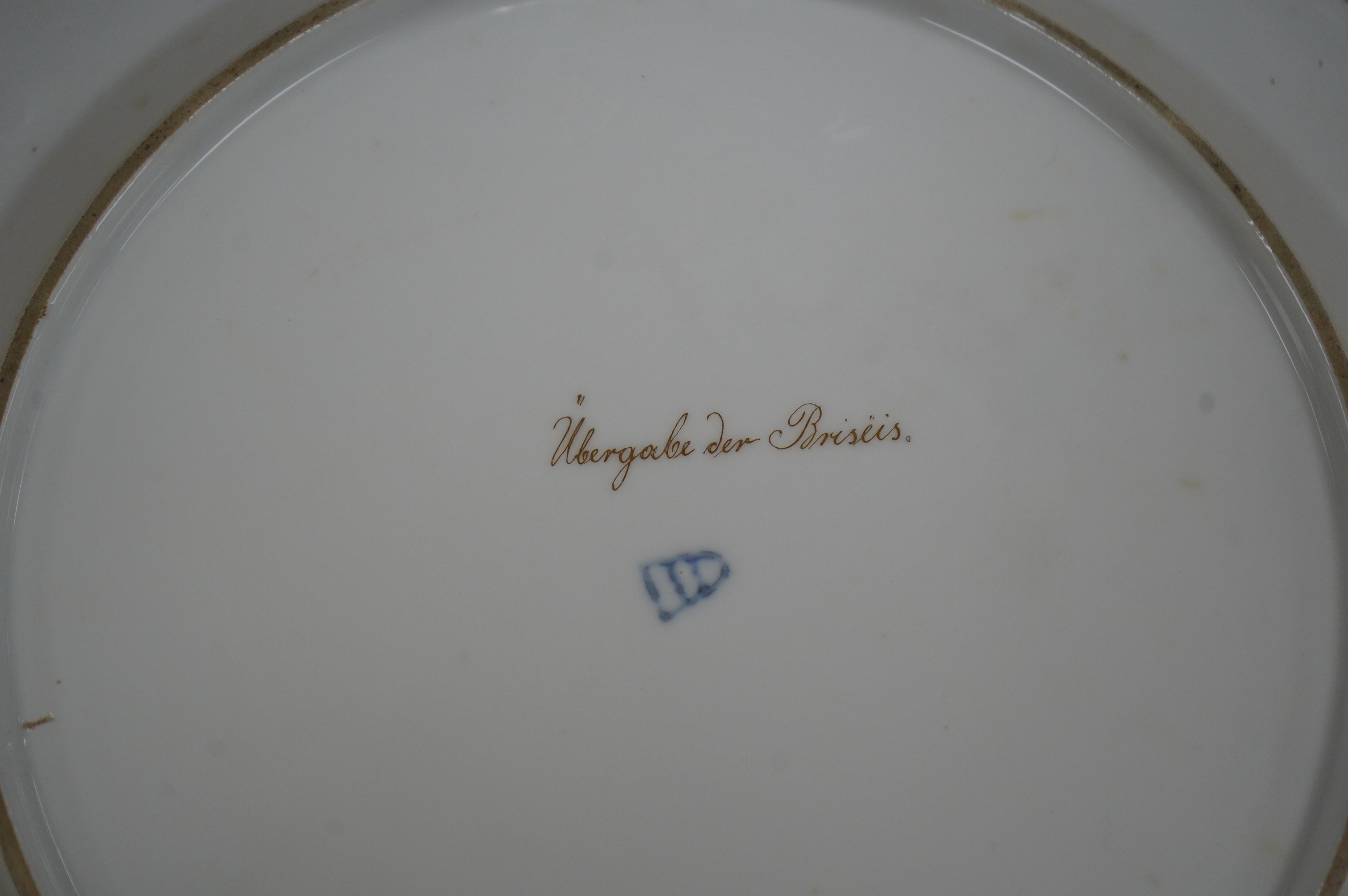 A Vienna style hand painted porcelain dish, ‘’Ubergabe der Briseis’’, Note: 